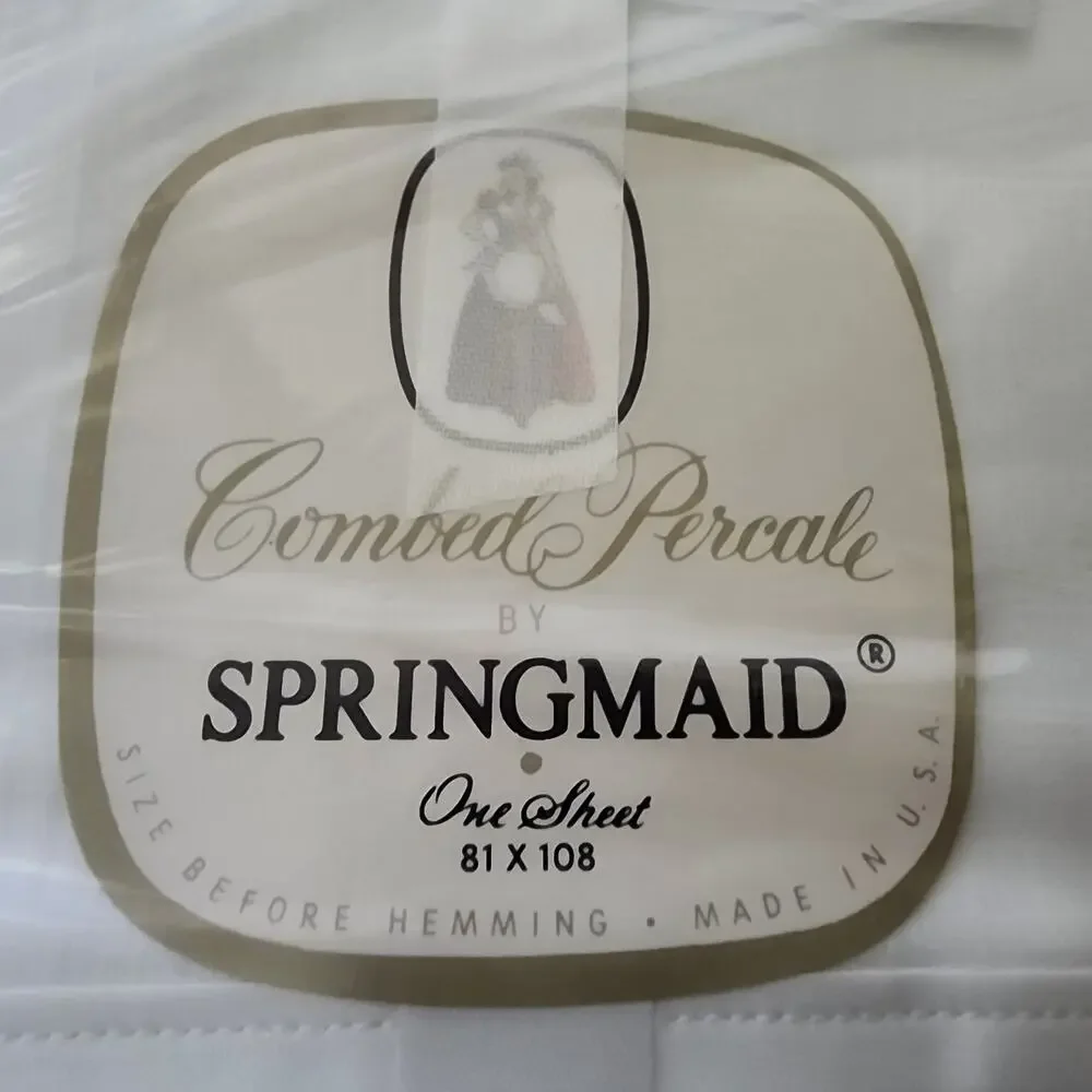 Vintage Springmaid Combed Percale Flat Sheet White Gold Trim 81x108 Made in USA